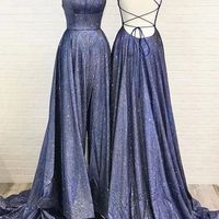 SP1165,Simple Blue Satin Sweep Train Backless Lace Up Prom Dress,Evening Dress - Thumbnail 1
