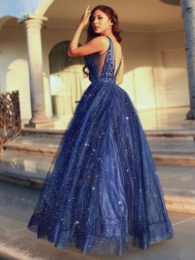SP1170,Gorgeous A-Line V Neck Open Back Navy Blue Beaded Long Prom Dresses