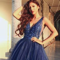 SP1170,Gorgeous A-Line V Neck Open Back Navy Blue Beaded Long Prom Dresses - Thumbnail 1