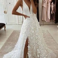 Gorgeous A Line Deep V Neck Satin Lace Wedding Gowns - Thumbnail 1