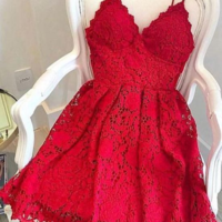 SP1178,Red Homecoming Dresses,Spaghetti Straps Homecoming Dresses,Lace Homecoming Dresses,V-neck Mini Graduation Dresses,Short Prom Dresses - Thumbnail 1