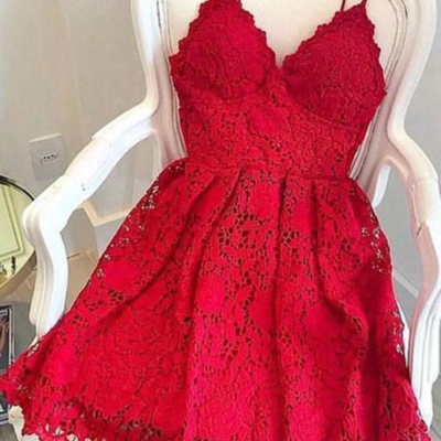 Sp1178,red homecoming dresses,spaghetti straps homecoming dresses,lace homecoming dresses,v-neck mini graduation dresses,short prom dresses - Thumbnail 5