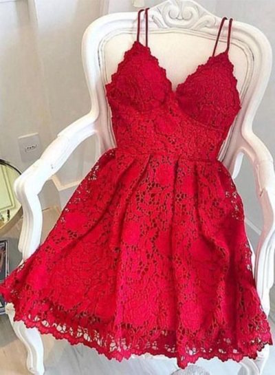 SP1178,Red Homecoming Dresses,Spaghetti Straps Homecoming Dresses,Lace Homecoming Dresses,V-neck Mini Graduation Dresses,Short Prom Dresses