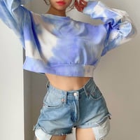 High Waist Pastel Blue Tie Dye Long Sleeve Top - Thumbnail 3