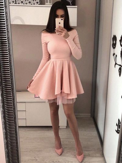 SP1180,Off Shoulder Jersey A-Line Tulle Long Sleeve Homecoming Dress
