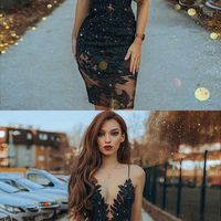 SP1183,Sheath Spaghetti Straps Black Beaded Short Prom Dress With Lace - Thumbnail 1