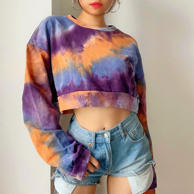 High waist purple tie dye color block long sleeve sweatshirt top
