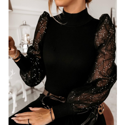 Women'S Sequins Splicing High Neck Long Sleeve Shirt
