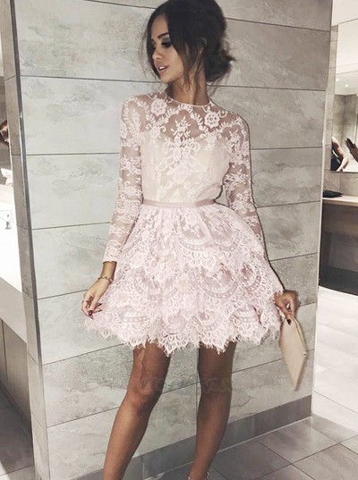 SP1191,A-Line Jewel Long Sleeves Above-Knee Pink Lace Homecoming Dress