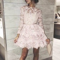 SP1191,A-Line Jewel Long Sleeves Above-Knee Pink Lace Homecoming Dress - Thumbnail 1