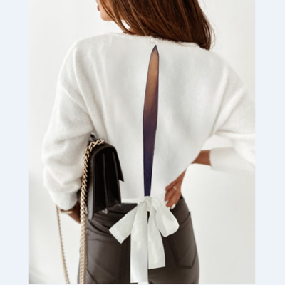 Fluffy plain cutout back tie detail pullover