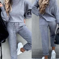 Solid Color Long-Sleeved Pocket Sweater Suit - Thumbnail 3