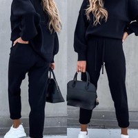 Solid Color Long-Sleeved Pocket Sweater Suit - Thumbnail 2