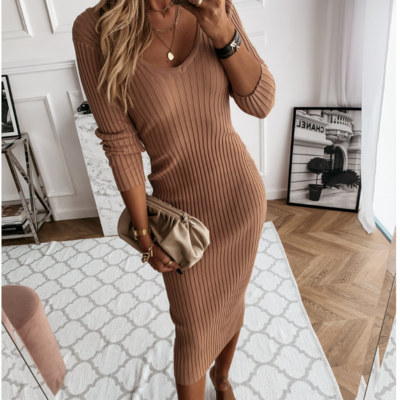 V-neck solid color long sleeve pit strip dress - Thumbnail 3