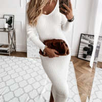 V-Neck Solid Color Long Sleeve Pit Strip Dress - Thumbnail 2