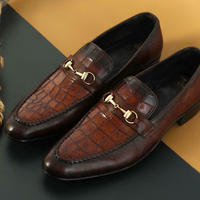 Mens brown leather formal shoes, Men Crocodile patterned dress shoes moccasins - Thumbnail 1