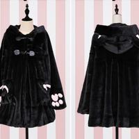 Sweet Cat Paw Embroidery Faux Fur Soft Long Warm Overcoat - Thumbnail 3