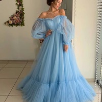 SP1206,Off shoulder Tulle Dress,Blue Bridal Gown, Evening Dress,The Lantern Sleeve Dress, Maxi Tulle Dress,Sky Blue Evening Dress,Long Dress - Thumbnail 2