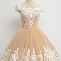 SP1208,Champagne Homecoming Dresses Square Neck Homecoming Dresses Capped Sleeves Homecoming Dresses - Thumbnail 1