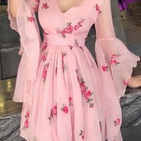 SP1211,Vintage Pink Chiffon Homecoming Dresses,Long Sleeves V-neck Mini Party Dress - Thumbnail 1