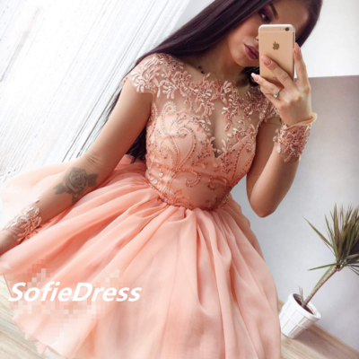 Sp1217,blush pink lace homecoming dresses,long sleeves applique homecoming dresses,mini chiffon homecoming dresses - Thumbnail 4
