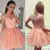 SP1217,Blush Pink Lace Homecoming Dresses,Long Sleeves Applique Homecoming Dresses,Mini Chiffon Homecoming Dresses - Thumbnail 2