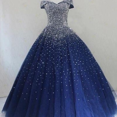 Sp1220,blue sparkle off shoulder ball party dress 2020,handmade beaded party dress - Thumbnail 5