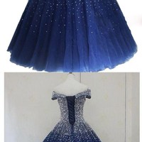 SP1220,Blue Sparkle Off Shoulder Ball Party Dress 2020,Handmade Beaded Party Dress - Thumbnail 1