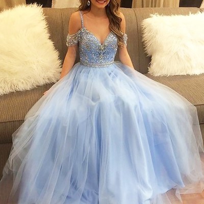 Sp1223,a-line/princess off-the-shoulder floor-length tulle sleeveless beading dresses