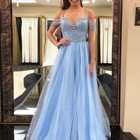 SP1223,A-Line/Princess Off-the-Shoulder Floor-Length Tulle Sleeveless Beading Dresses - Thumbnail 1