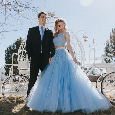 Sp1224,stunning a line off the shoulder two piece sky blue tulle prom dresses - Thumbnail 4
