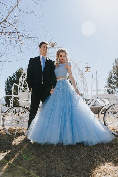 SP1224,Stunning A Line Off The Shoulder Two Piece Sky Blue Tulle Prom Dresses