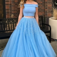 SP1224,Stunning A Line Off The Shoulder Two Piece Sky Blue Tulle Prom Dresses - Thumbnail 1