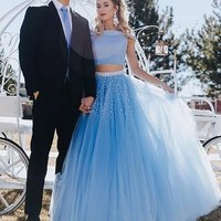 SP1224,Stunning A Line Off The Shoulder Two Piece Sky Blue Tulle Prom Dresses - Thumbnail 2