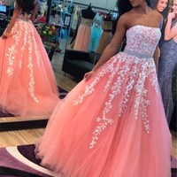 SP1225,A-line Princess Sky Blue Lace Appliqued Tulle Long Strapless Prom Dresses - Thumbnail 2