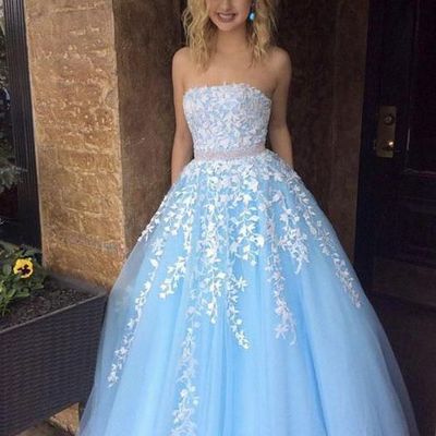 Sp1225,a-line princess sky blue lace appliqued tulle long strapless prom dresses - Thumbnail 4