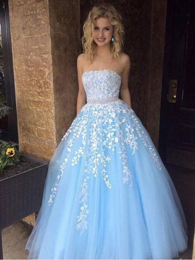 SP1225,A-line Princess Sky Blue Lace Appliqued Tulle Long Strapless Prom Dresses