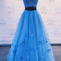 SP1226,Elegant Two Piece Blue Long Prom Dress Off the Shoulder Applique Evening Party Dress - Thumbnail 1