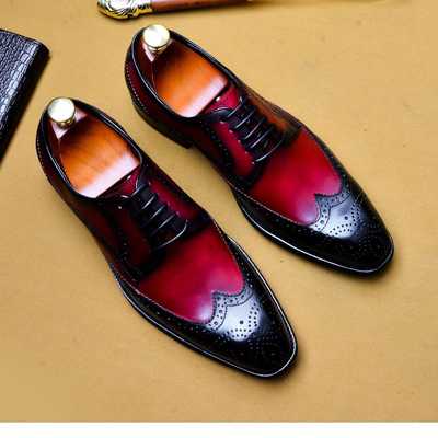 Handmade two tone wing tip brogue lace up leather shoes, stylish dress formal shoes