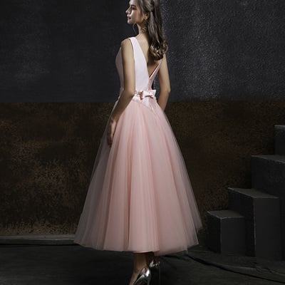 Pink satin tulle short prom dress evening dress - Thumbnail 4