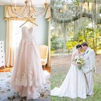 SP1233,Custom Made Pearl Pink Lace A-line Sweetheart Neckline Court Train Wedding Dress With Zipper Back - Thumbnail 1