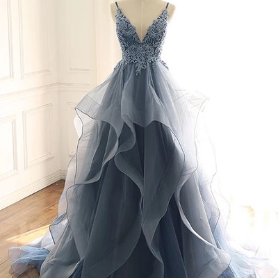 Blue gray tulle v neck long ruffles prom dress, lace evening dress，626