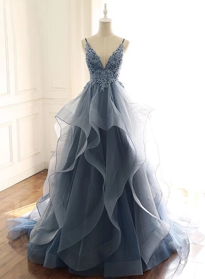 Blue Gray Tulle V Neck Long Ruffles Prom Dress, Lace Evening Dress，626