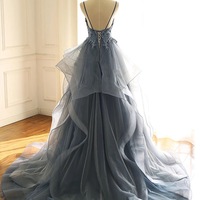 Blue Gray Tulle V Neck Long Ruffles Prom Dress, Lace Evening Dress，626 - Thumbnail 2