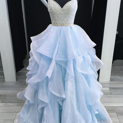 Light blue tulle open back long beaded spaghetti straps ruffles prom dress,628