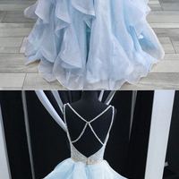 Light blue tulle open back long beaded spaghetti straps ruffles prom dress,628 - Thumbnail 1