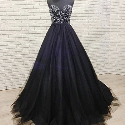 2019 black tulle sweetheart neck sequined long senior prom dress, party dress,630