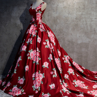 Red floral print satin V neck long train evening dress, red floral formal dress,634 - Thumbnail 1