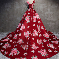 Red floral print satin V neck long train evening dress, red floral formal dress,634 - Thumbnail 2