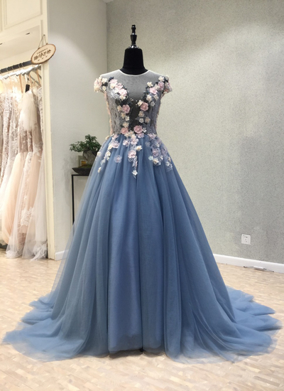 Blue tulle see through back long 3D lace flower evening dress, long senior prom dress with cap sleeves,635